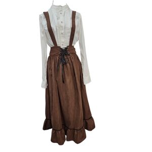 Corduroy Lace Up Pinafore Maxi Skirt Brown Sz Small Victorian Steampunk Morigirl